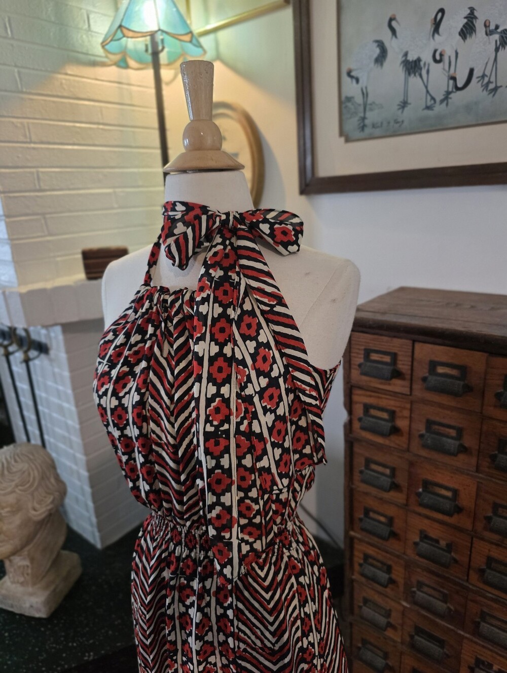 Parker 100% Silk Patterned Red And White Maxi Halter Dress Size Small - Picture 4 of 14